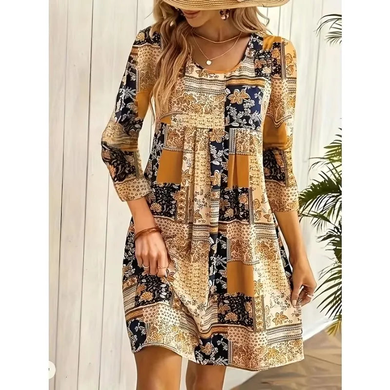 Plus Size Women's Summer Fashion New Elegant Round Neck Printed Short Sleeve T-shirt MULTI