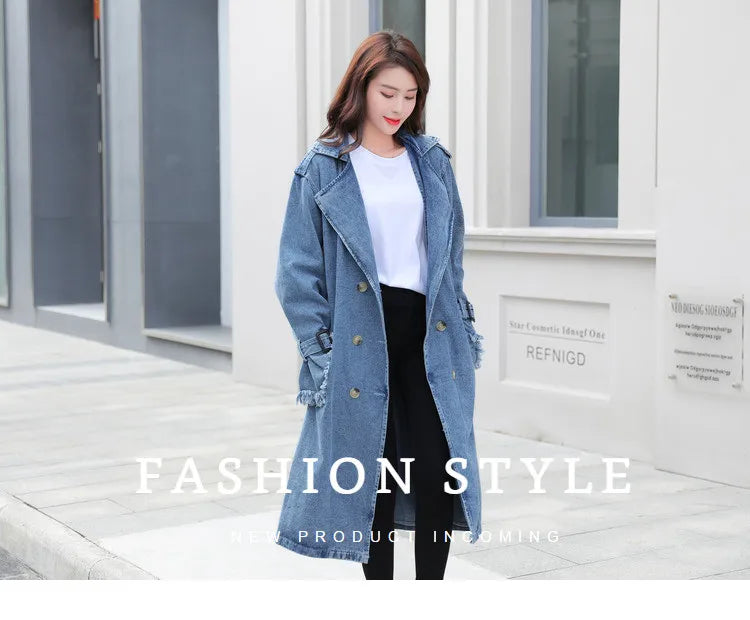Trench Denim Coat Women Long Coats Lace Up Belt High Waist Turn Down Collar Maxi Jackets Y2k Single Breasted Elegant Autumn