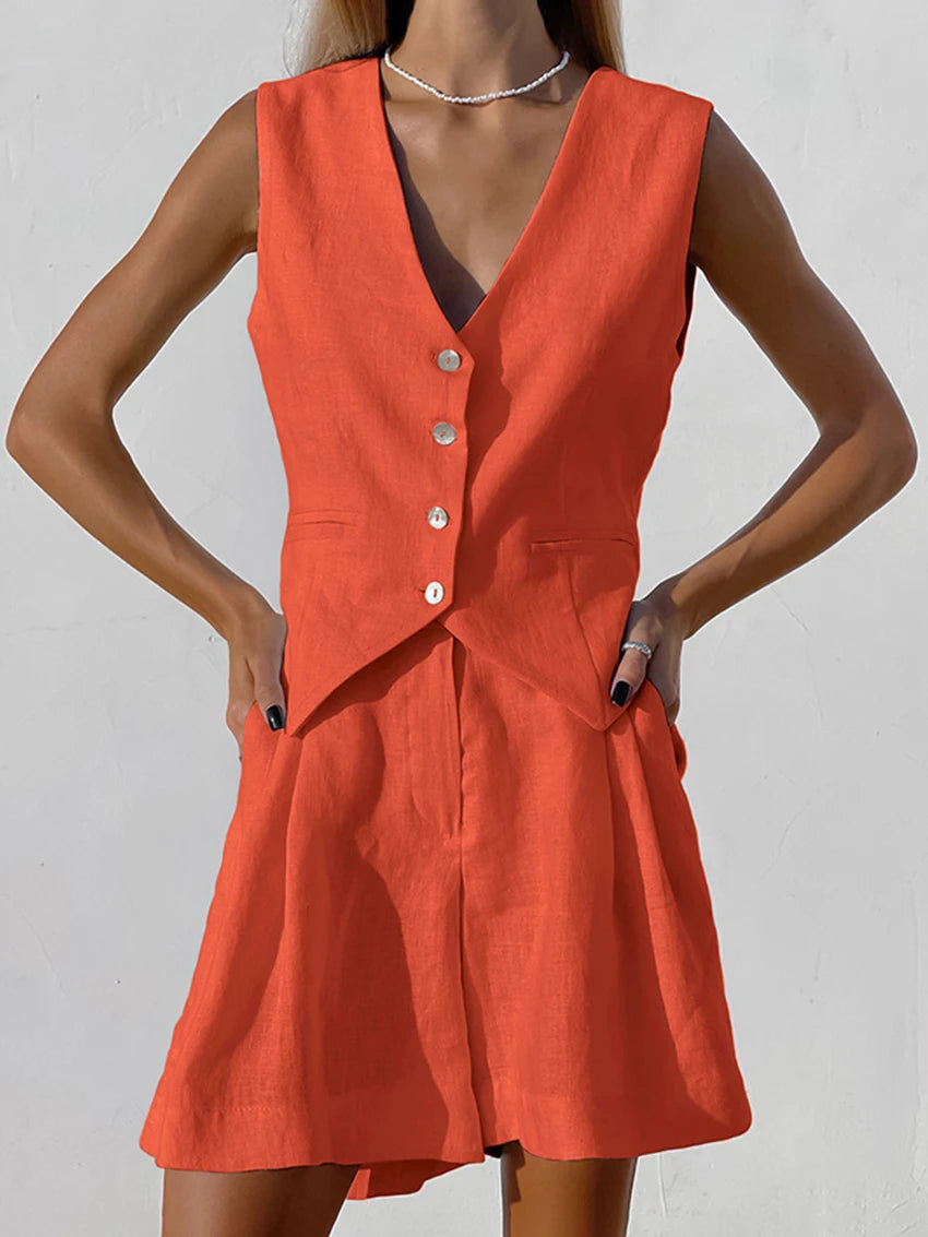 Marthaqiqi Loose Cotton Women'S Pajamas Sets Sexy V-Neck Sleepwear Tank Tops Nightwear Casual Shorts Femme Summer Pyjamas Suits Orange