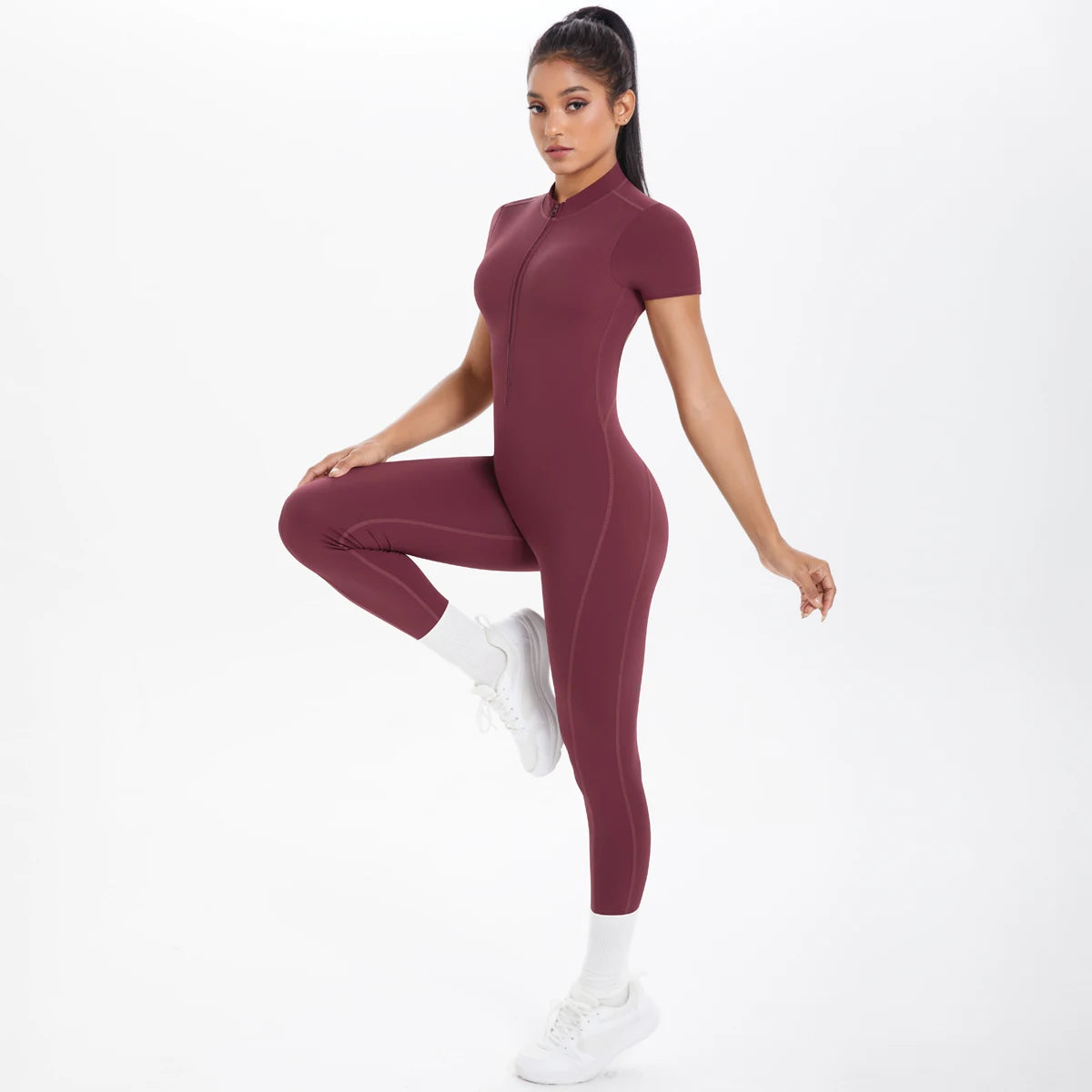 Short Sleeved Fitness Jumpsuit for Woman Bodysuits Backless Solid Color Scrunch One-Piece Suit Half Zipper Gym Yoga Sets Womens