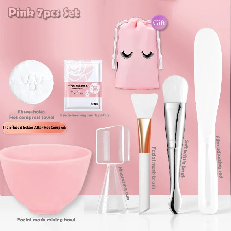 Silicone Face Mask Mixing Bowl Set Mixing Stick Spa Tool Beauty Salon Bowl Spoon Mask Mud Film Brush Silicone Facial Skincare Pink-7pcs