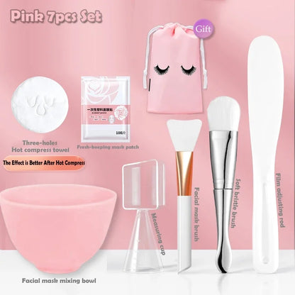 Silicone Face Mask Mixing Bowl Set Mixing Stick Spa Tool Beauty Salon Bowl Spoon Mask Mud Film Brush Silicone Facial Skincare Pink-7pcs