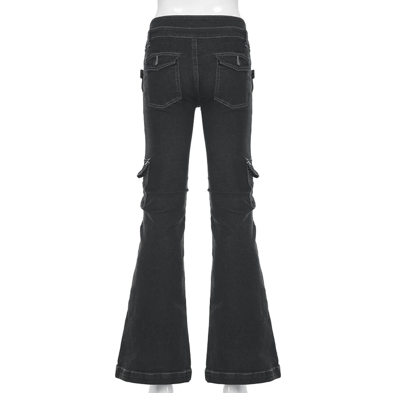 Weekeep Punk Style Star-shaped Rivet Jeans Low Rise Multi-pockets Patchwork Denim Cargo Pants Korean Fashion Hippie Flared Jeans