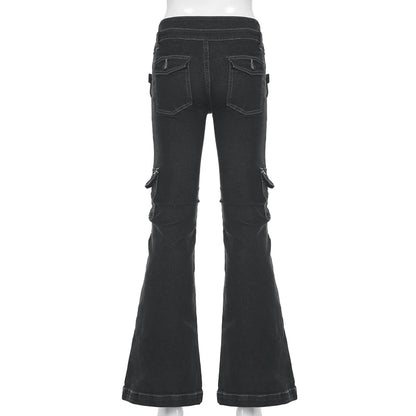 Weekeep Punk Style Star-shaped Rivet Jeans Low Rise Multi-pockets Patchwork Denim Cargo Pants Korean Fashion Hippie Flared Jeans
