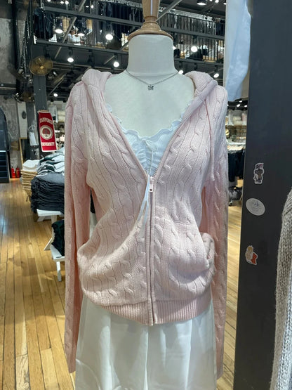 Twisted Flower Knitted Cardigan Sweater Women Autumn Long Sleeve Drawstring Hooded Zipper Streetwear Sweet Sweaters Coat Y2K Top Pink One Size