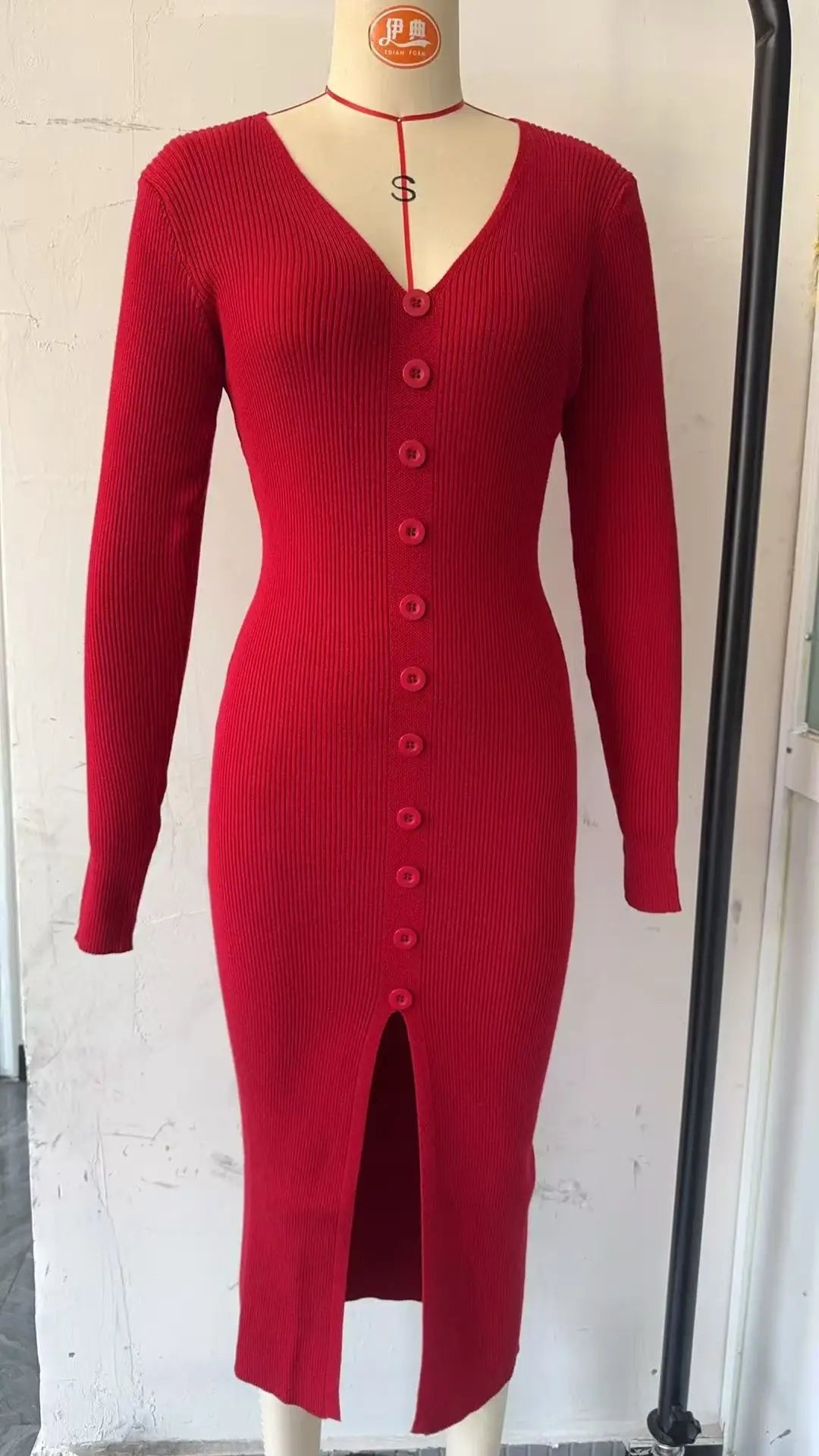 2025 Knitted Dress For Women Vintage Fashion Long Sleeve Dresses Solid Single Breasted V Neck Midi Autumn Winter Dress Скучать Badiee Stylez