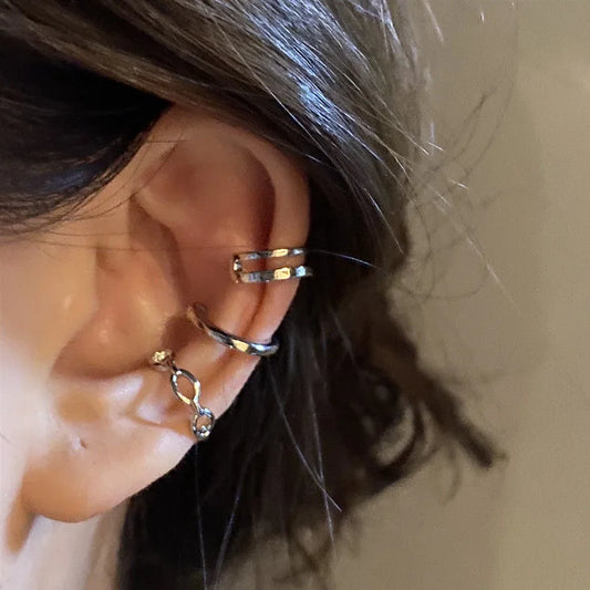 3Pcs/Lot  Silver Color Chain Ear Cuff Non-Piercing Fake Cartilage Clip Earrings For Women Men Creative Trend Christmas Jewelry Badiee Stylez