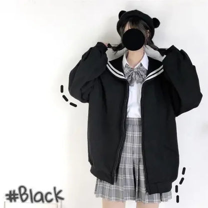 Deeptown Kawaii Zip Up Hoodies Black Japanese Preppy Style Sailor Collar Sweatshirts Sweet Lolita Coats Loose Cute Top Soft Girl Black