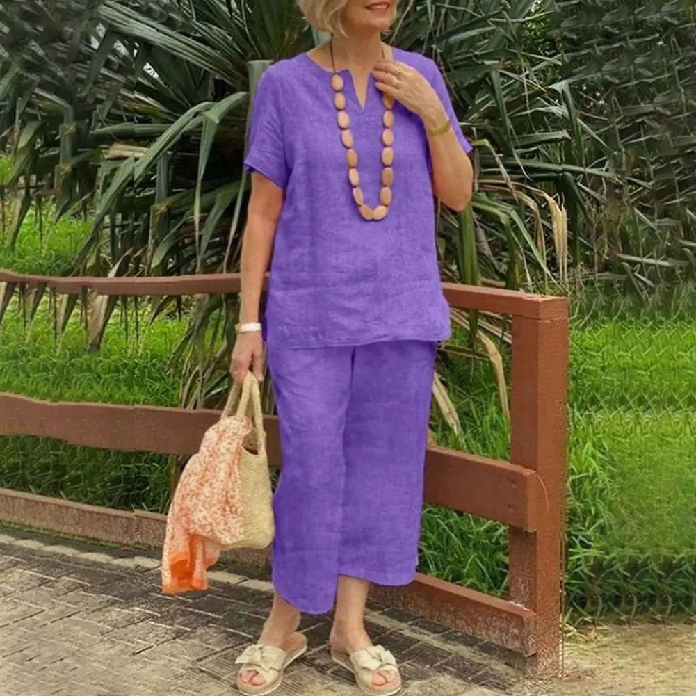 2Pcs Women Blouse Pants Set Solid Color Short Sleeve Loose Top Wide Leg Straight Pants Sets Casual Matching Tracksuit Outfit