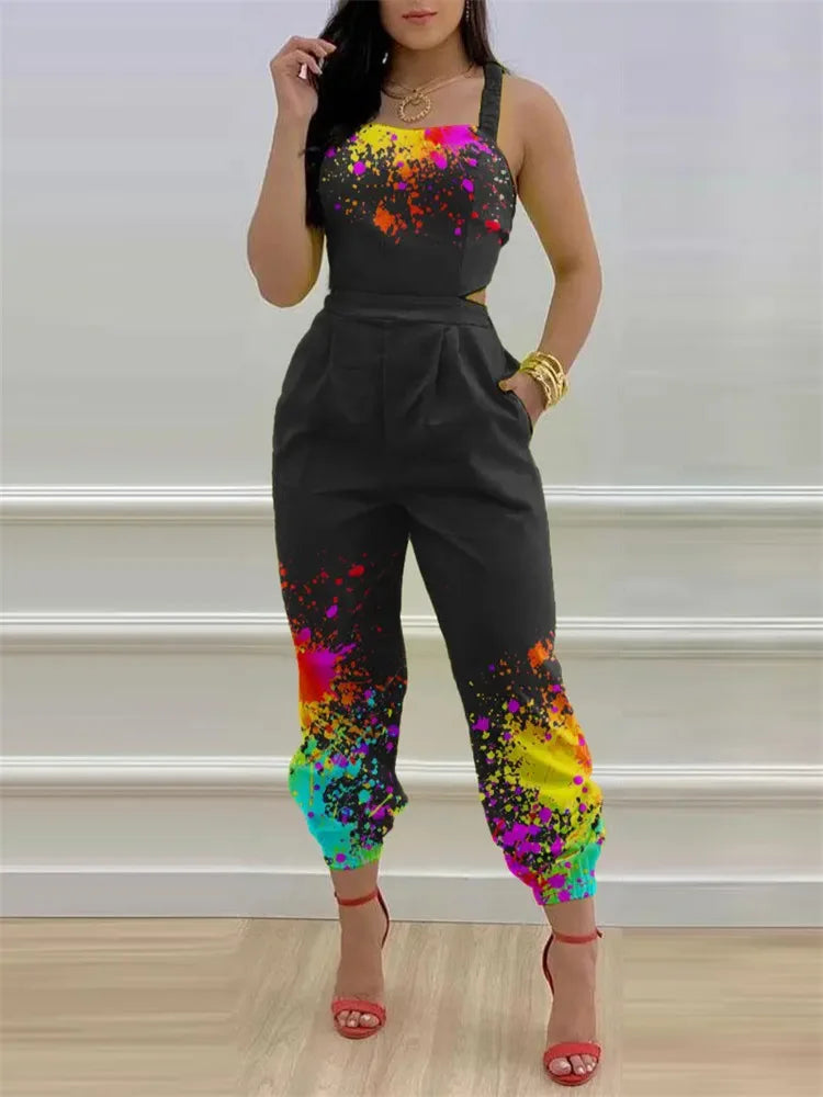 New Summer Fashion Printed Sleeveless Jumpsuit Sexy Hollow Backless Lace Up Long Jumpsuits Elegant Casual Jumpsuit With Pocket Badiee Stylez