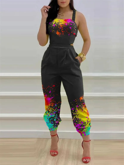 New Summer Fashion Printed Sleeveless Jumpsuit Sexy Hollow Backless Lace Up Long Jumpsuits Elegant Casual Jumpsuit With Pocket Badiee Stylez