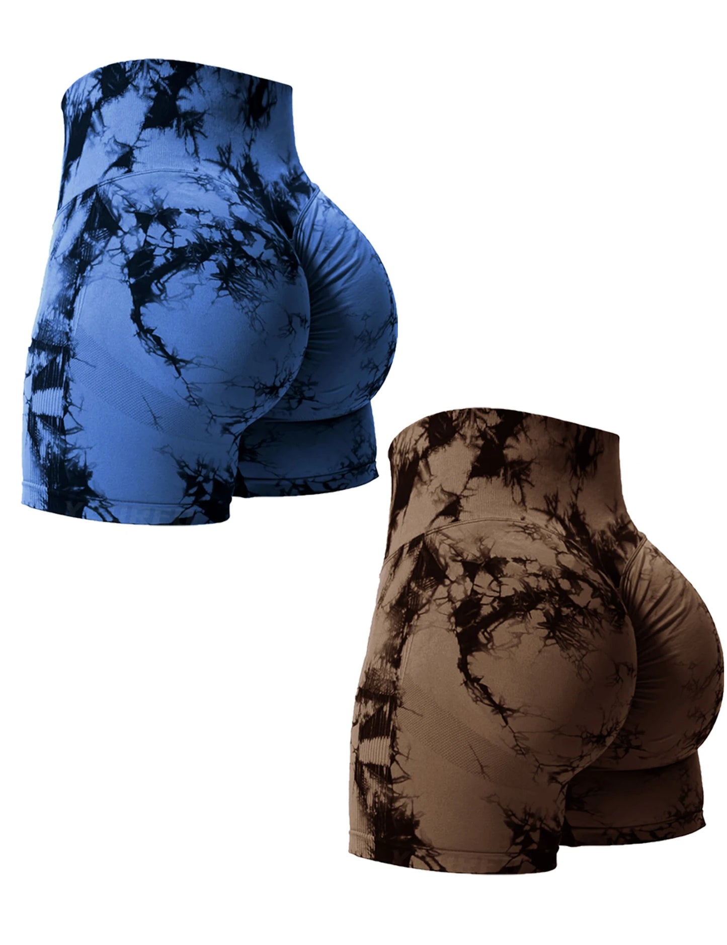 2PCS Tie Dye Butt Lifting Sexy Gym Shorts Woman Skinny Stretch High Waist Sport Shorts Casual Seamless DBlue Coffee 2Piece