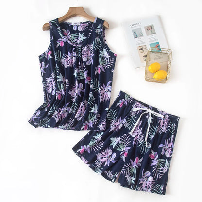 Hzioiys Summer Pajamas Sets Cotton Sleepwear Suit Women Casual Pajama Sets Cartoon Vest Shirt + Shorts Pajamas Suit Plus Size Navy Blue