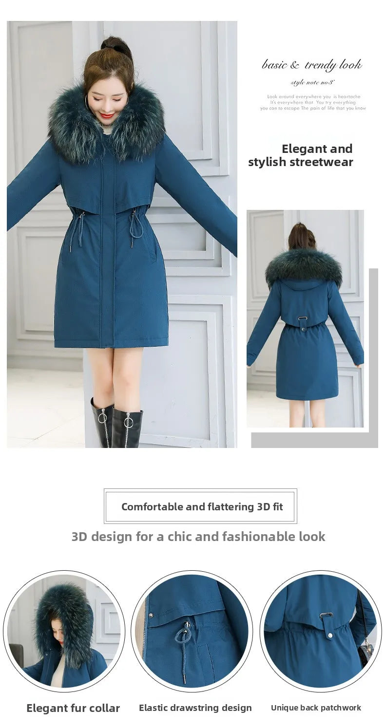 Thiened Fce Women's Cotton Jaet Korean Sle Slim Fit Mid-Length Parka Coat Warm Casual Outerwear for Winter Season