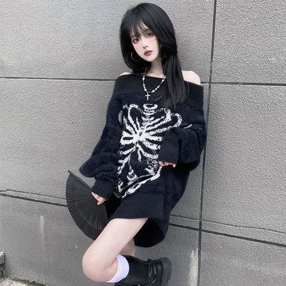 Goth Skull Print Harajuku Sweater Sweater Tops Aesthetic Women's Black Pullover Harajuku Fashion Streetwear Tops 2000