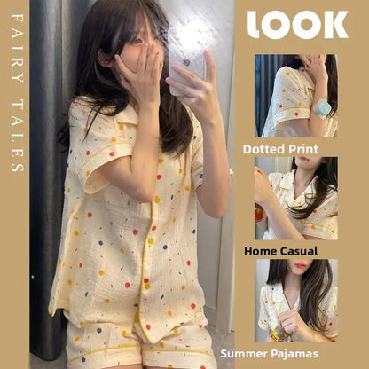 Cute Girl's Summer Cotton Linen ort Sve Nightgown Home Clothes Set Bear Print Gauze Spwear Simple Home Sle Cloud cotton open short-yellow color dots