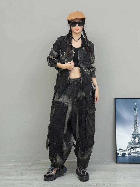 Trendy Cool Pant Set Women Autumn Vintage Denim Patchwork Long Sleeve Irregular Jacket + Harem Pants Two-Piece Set LX4331 Badiee Stylez