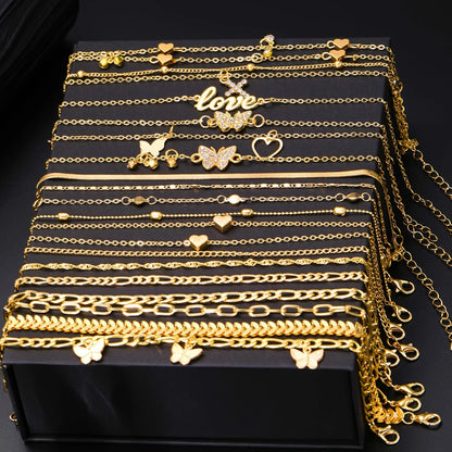18Pcs Bohemian Summer Beach Anklet Set For Women Vintage Butterfly Heart Crystal Pendant Foot Bracelets Fashion Jewelry Gift New Badiee Stylez