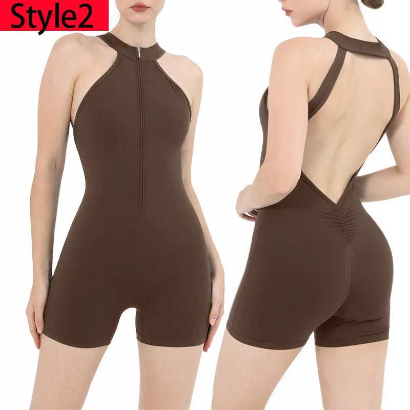 Scrunch Gym Jumpsuit Women's Fitness Suit Short Sets Sports Overalls for Woman Tracksuit Yoga Clothing Zipper Workout Sportswear Style2 Brown