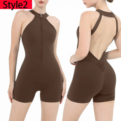 Scrunch Gym Jumpsuit Women's Fitness Suit Short Sets Sports Overalls for Woman Tracksuit Yoga Clothing Zipper Workout Sportswear Style2 Brown