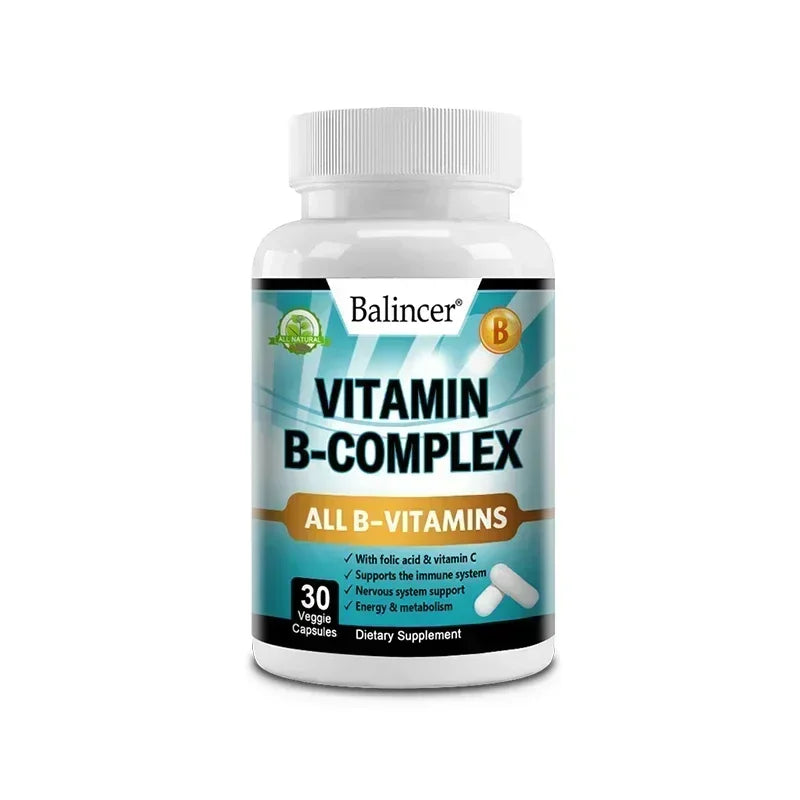 Vitamin B Complex Supplement, Containing Folic Acid and Vitamin C, Supports Energy, Immune Health, Antioxidant Supplement 30 count-1 bottle