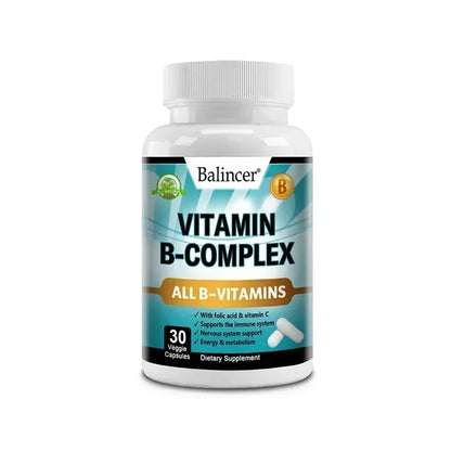 Vitamin B Complex Supplement, Containing Folic Acid and Vitamin C, Supports Energy, Immune Health, Antioxidant Supplement 30 count-1 bottle
