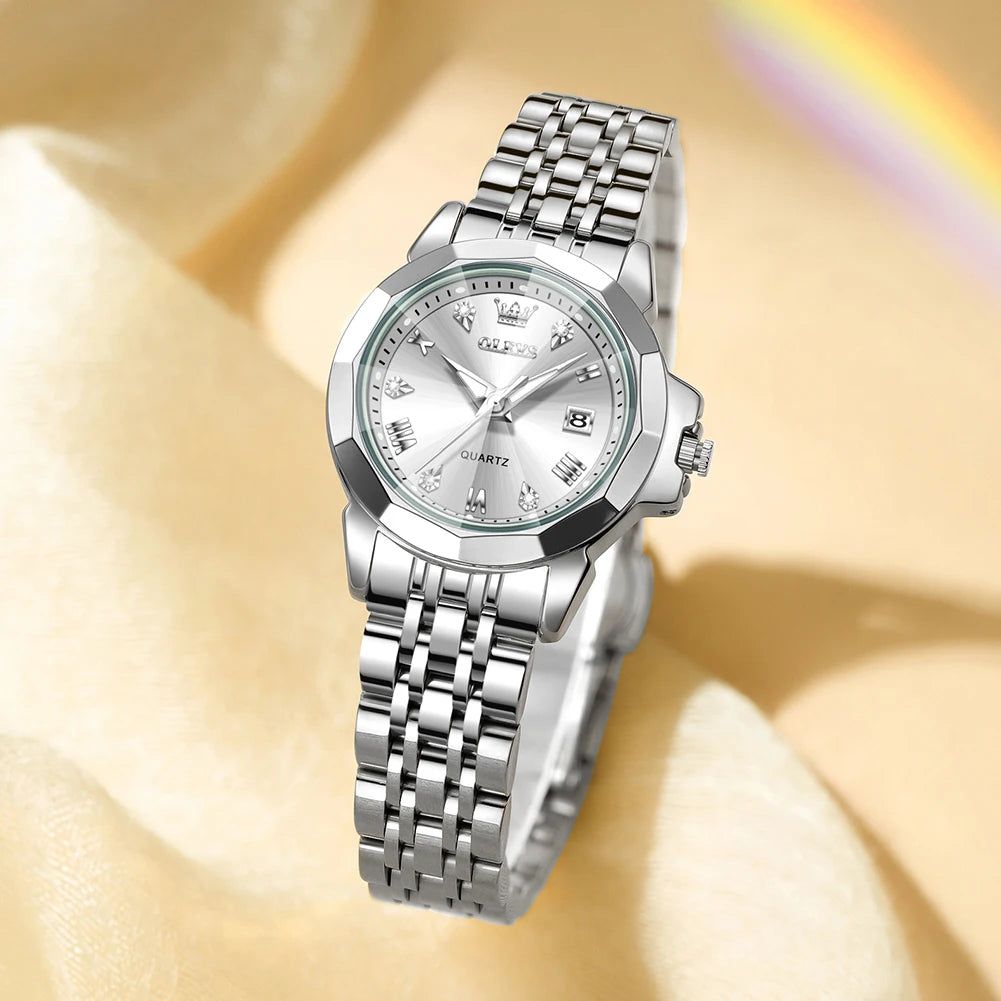 OLEVS 9931X Womens Perfume Watch Rhombic Quartz Watch Stainless Steel Waterproof Ladies Date Watch Gifts Original Elegant New W-Silver White CHINA Yes