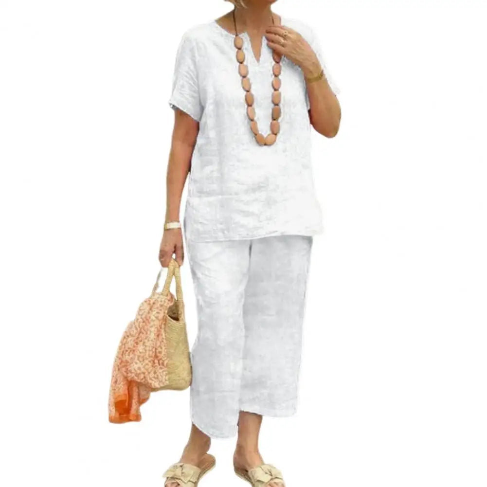 2Pcs Women Blouse Pants Set Solid Color Short Sleeve Loose Top Wide Leg Straight Pants Sets Casual Matching Tracksuit Outfit White