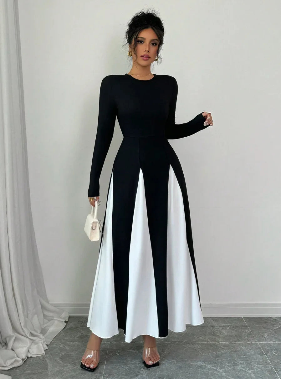 2025 Spring & Autumn Women's Long Sleeve Round Neck A Line Contrast Color Dress, Stylish Black & White Patchwork Long Dress