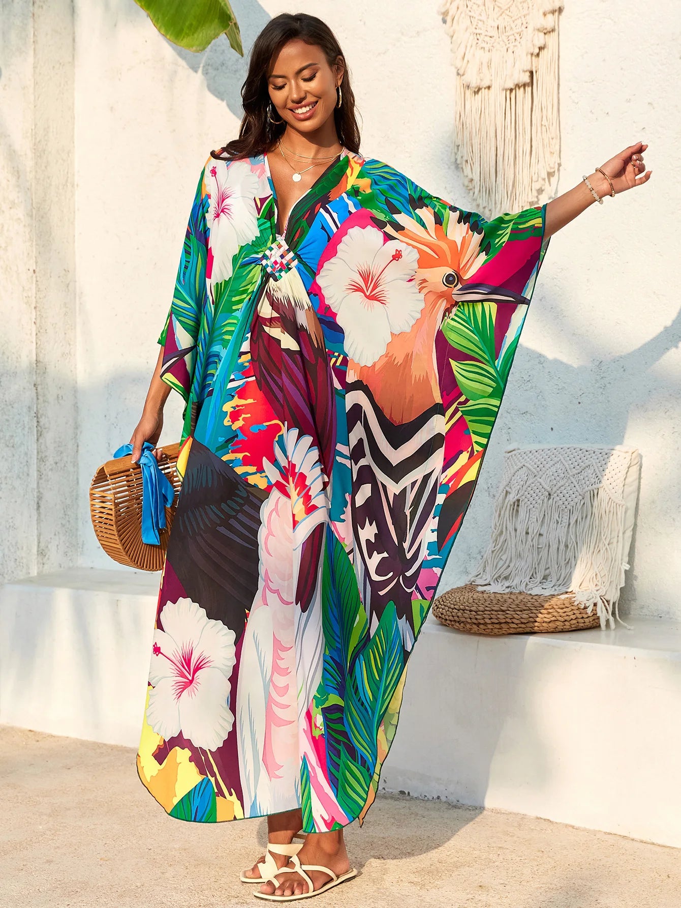 Plus Size Women Floral Print Kaftan Dresses Plus Size Swimsuit Coverup Summer Bathing Suit Caftan Loungewear Beach Dress 5DB245-34 One Size