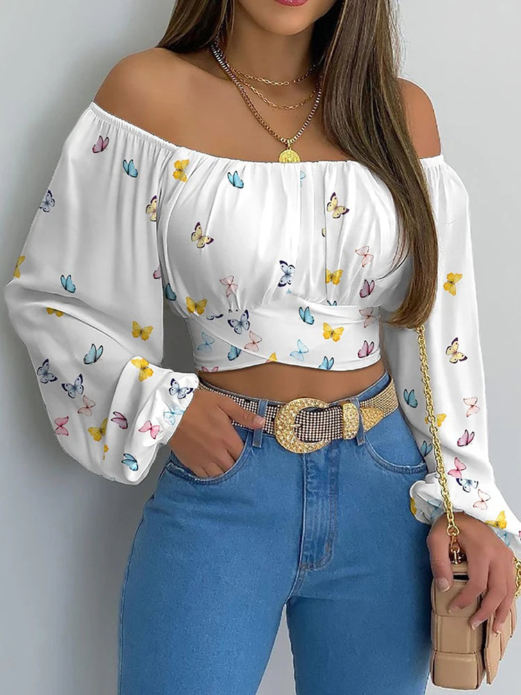 Women Sexy Off Shoulder Printing Blouses Chic and Elegant Lantern Long Sleeve Lace Up Bow Cropped Tops Casual Slim Shirts 2023 Butterfly