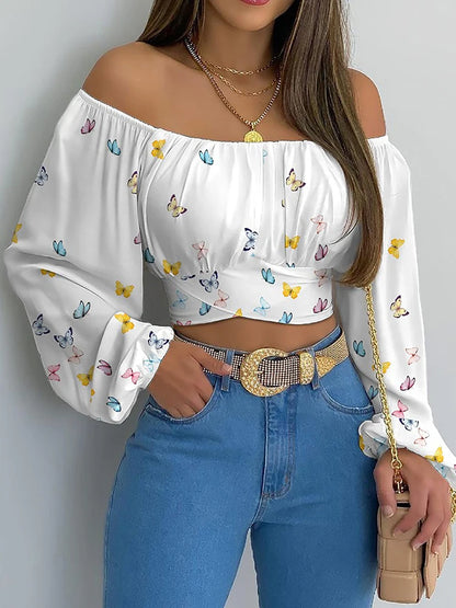Women Sexy Off Shoulder Printing Blouses Chic and Elegant Lantern Long Sleeve Lace Up Bow Cropped Tops Casual Slim Shirts 2023 Butterfly