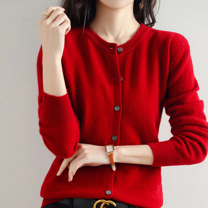 Knitted Cardigan Women's Sweater Autumn And Winter 2022 New Solid Color Coat Round Neck Short Long Sleeve Loose Korean Fashion Burgundy CHINA