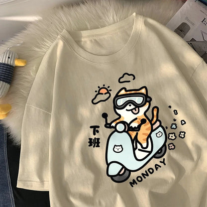 Cute Cat Riding Home After Work on Monday Women T-Shirts Cartoon Printed Tops Round Neck Soft T Shirt Summer Clothing