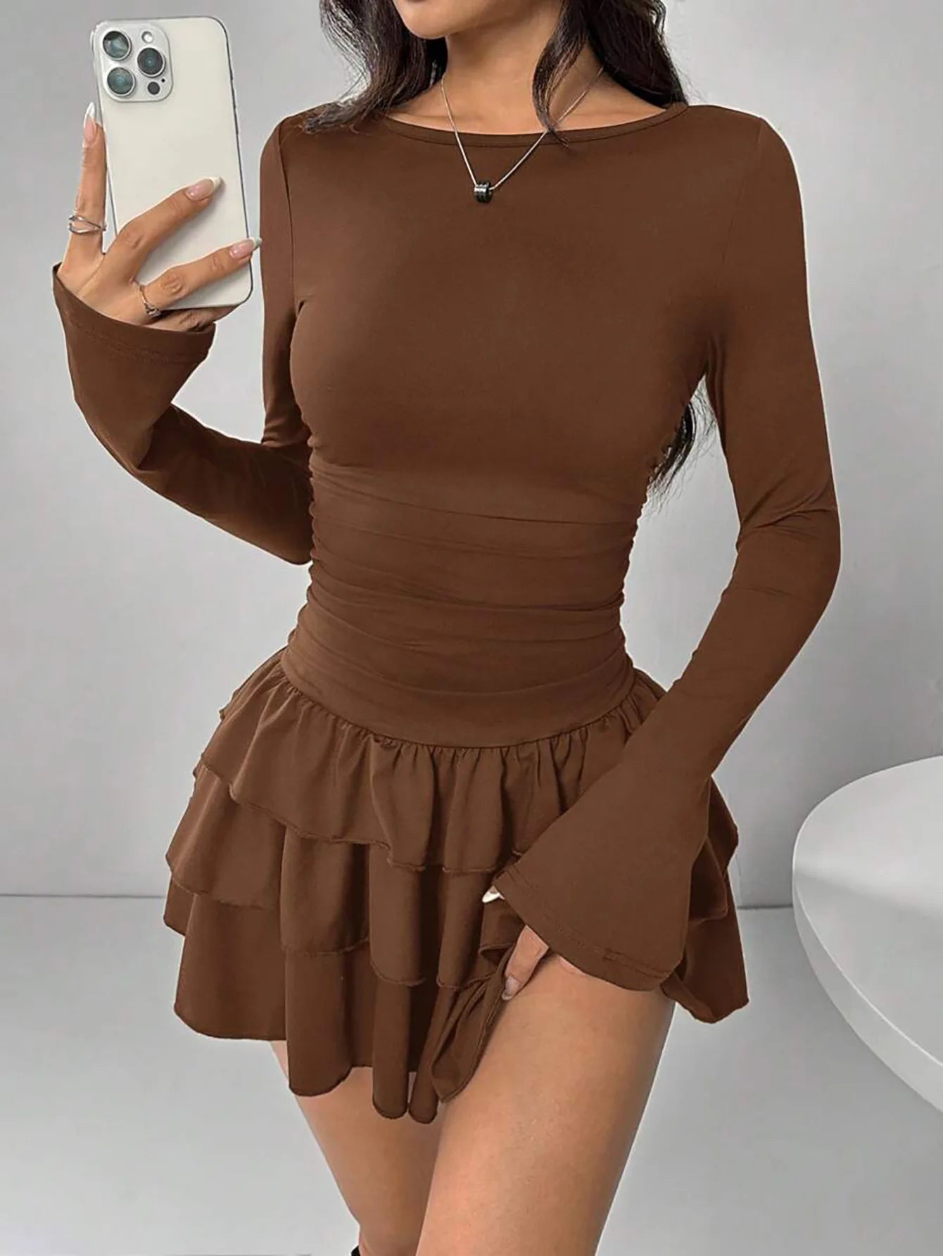 2025 Autumn Solid Slim Fit Cascading Ruffles Mini Dress Winter Women Elegant Flare Sleeve High Waist Sexy Party Bodycon Dresses Badiee Stylez