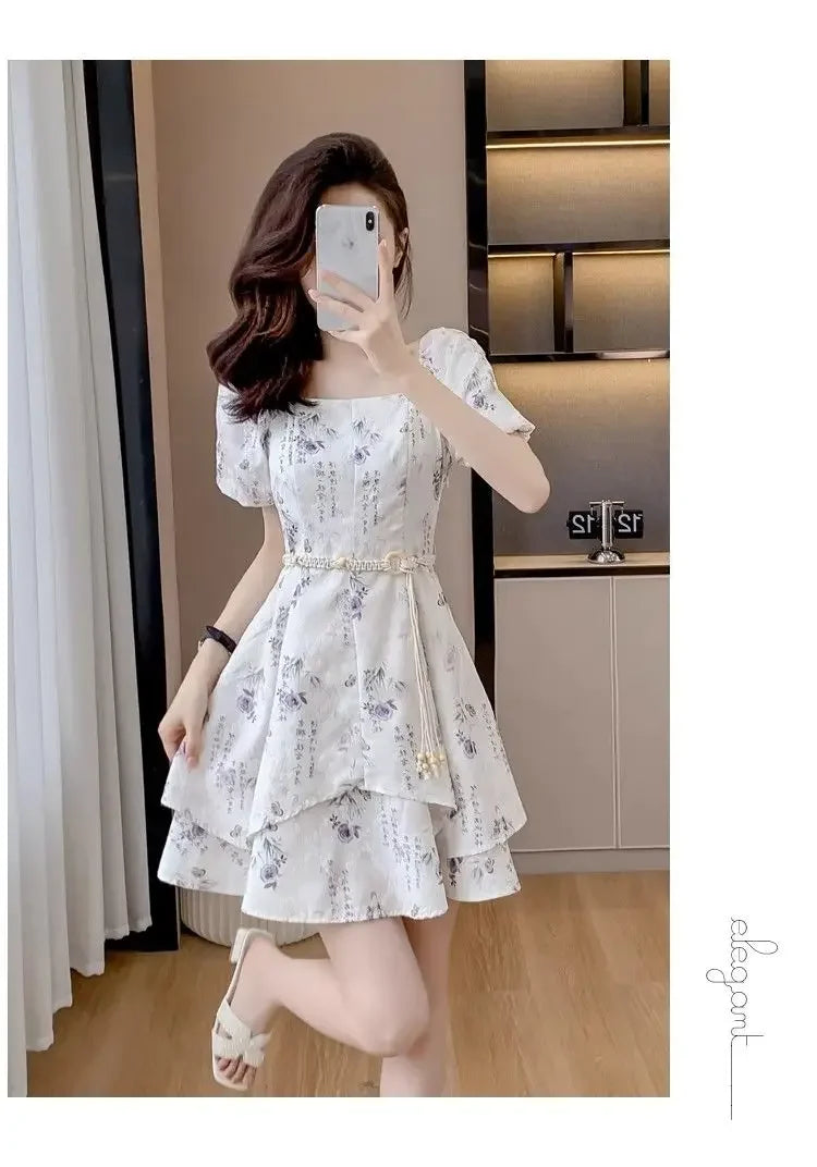 Square Neck Short-sleeved Women 2025 Summer New Chinese Puff Short-sleeved Retro Waist-hugging A-line Dress