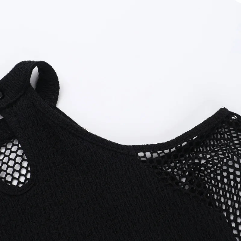 Goth Dark Punk Grunge Fishnet Patchwork Off Shoulder T-shirts Trim Corn Strap Halter Tops Autumn Mall Gothic Streetwear T-shirt