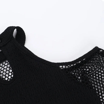 Goth Dark Punk Grunge Fishnet Patchwork Off Shoulder T-shirts Trim Corn Strap Halter Tops Autumn Mall Gothic Streetwear T-shirt