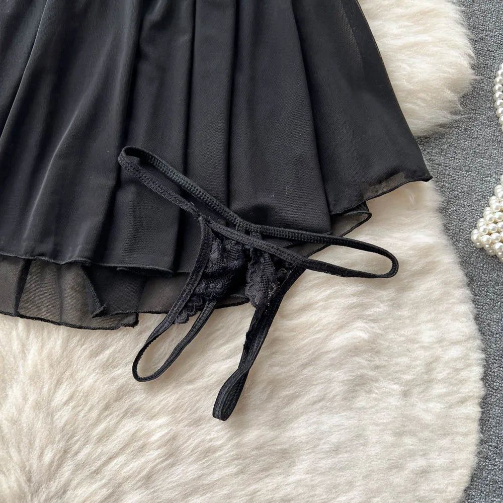 SINGREINY Transparent Lace Sexy Nightwear Sleeveless Slim Backless Short Dress Women Strap Floral Mesh Sheer Erotic Nightdress