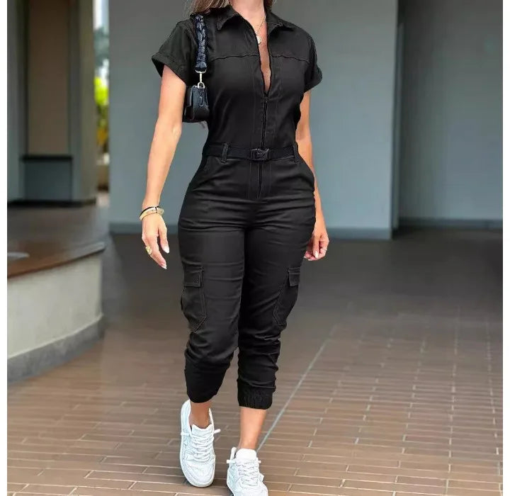 Sexy Women's Jumpsuit 2024 Summer New Fashion Zipper Workwear Short Sleeved Lapel Multi Pocket Waistband Bodysuit Pants Female