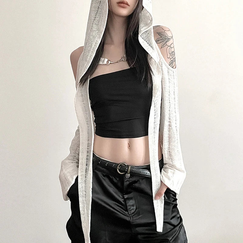 Goth Dark Open Shoulder Techwear Y2k Crop Cardigans Mall Gothic Hooded Sexy Women Crop Tops Punk Grunge Buckle Streetwear Shirts