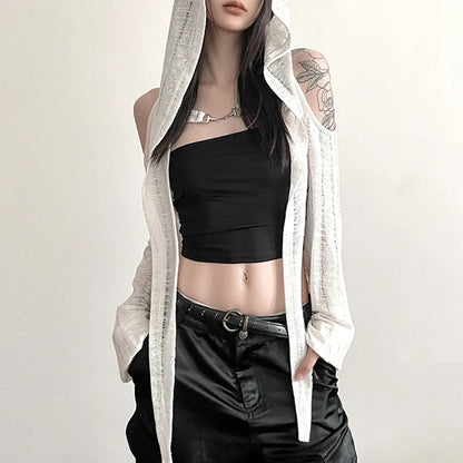 Goth Dark Open Shoulder Techwear Y2k Crop Cardigans Mall Gothic Hooded Sexy Women Crop Tops Punk Grunge Buckle Streetwear Shirts