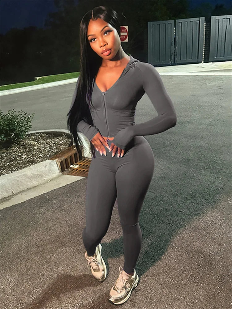 Nibber Sporty Casual 2 Piece Set Women Tracksuit Hooded Zip Crop Tops+Leggings Fitness Soft Stretch Streetwear Activity Suit GRAY
