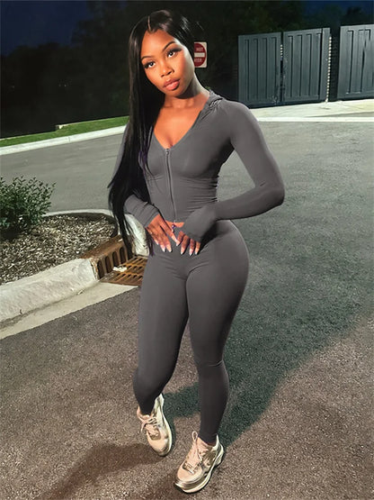 Nibber Sporty Casual 2 Piece Set Women Tracksuit Hooded Zip Crop Tops+Leggings Fitness Soft Stretch Streetwear Activity Suit GRAY