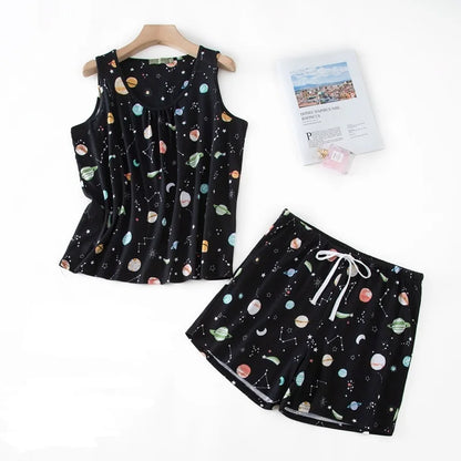 Hzioiys Summer Pajamas Sets Cotton Sleepwear Suit Women Casual Pajama Sets Cartoon Vest Shirt + Shorts Pajamas Suit Plus Size Black White