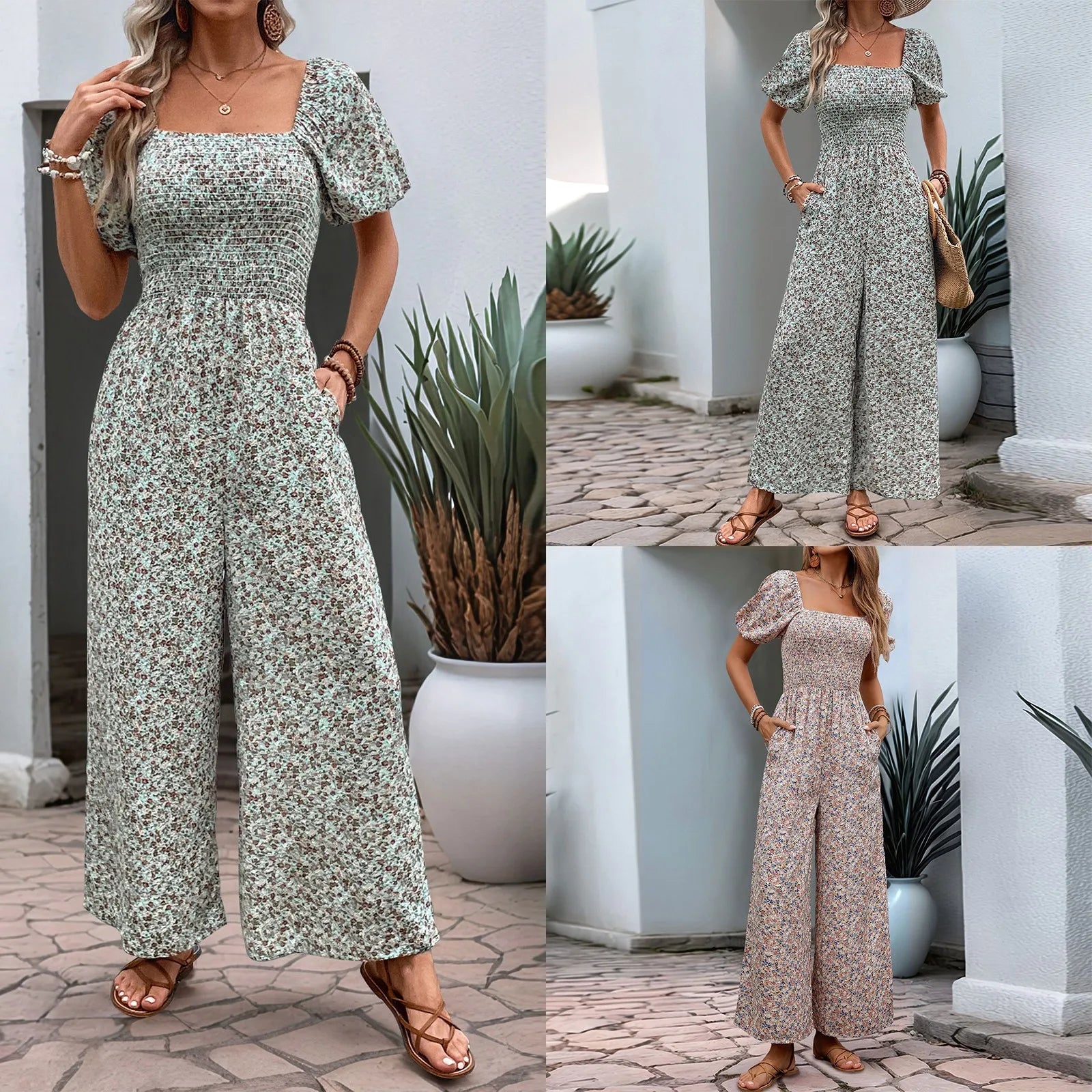 Bohemian Vacation Holiday Jumpsuit Women Pleated Wide Leg Rompers Chiffon Print Ethnic Playsuit Summer Casual Jumpsuits Badiee Stylez