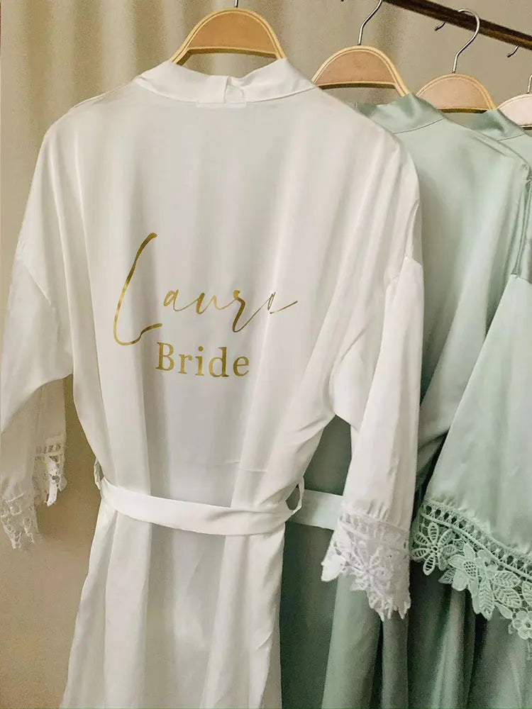 Personalised Robe Green Custom Bridal Robe Wedding Bridesmaid Kimono Sage Green Bathrobes Silky & Lace Detail Bridal Party Dress