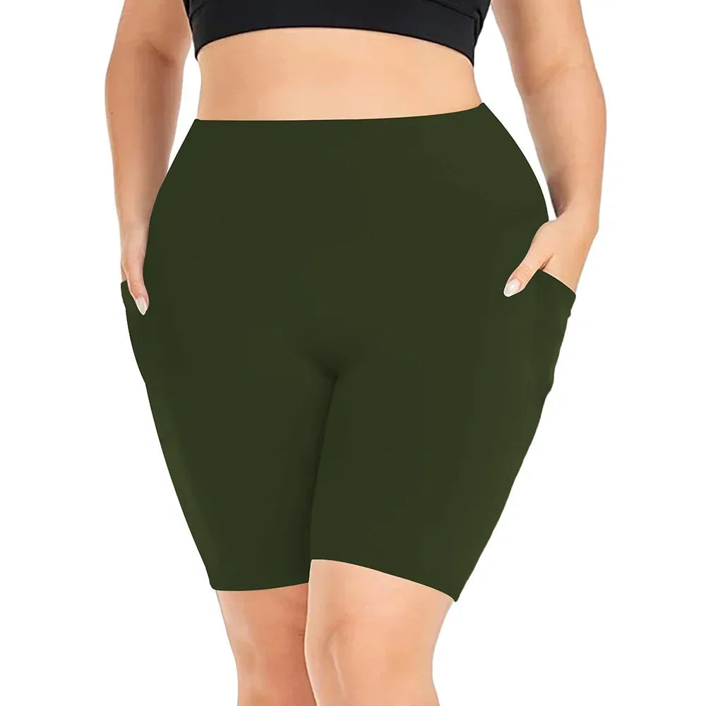 Women's High-Waisted Yoga Shorts Plus Size Workout Leggings with Dual Pockets Stretch European Style Activewear for Gym & Casual
