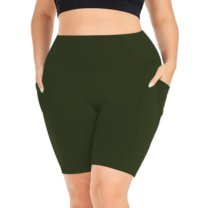 Women's High-Waisted Yoga Shorts Plus Size Workout Leggings with Dual Pockets Stretch European Style Activewear for Gym & Casual