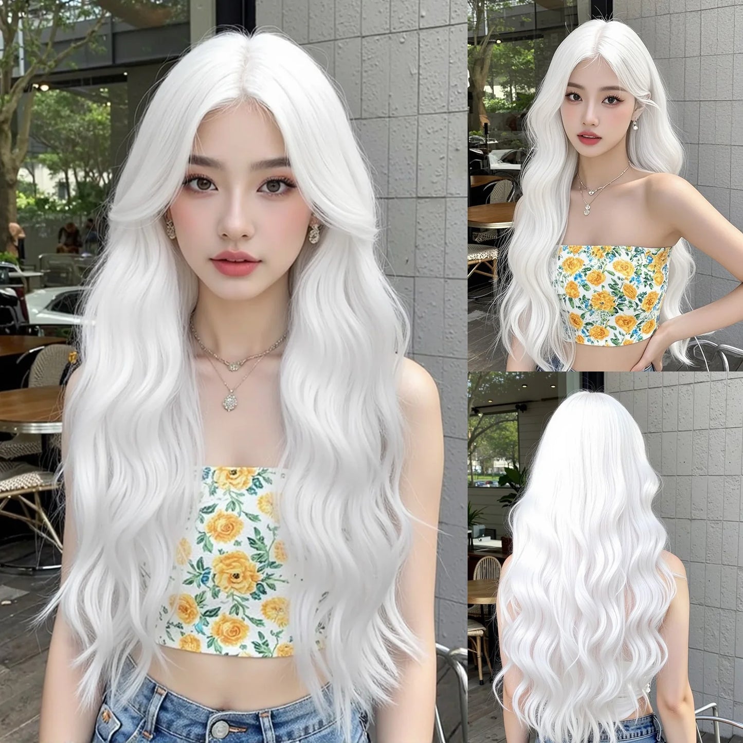 Super Long Curly Silver Synthetic Wig with Fluffy Bangs White Water Wave Hair Wigs for Women Daily Use Cosplay Colored Hair Wig SWLC3100-1PL28